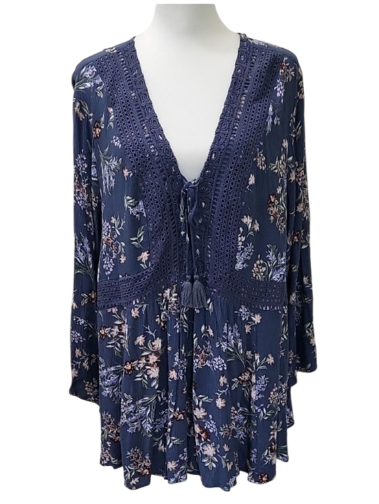 torrid Tops - Torrid Boho Gauze Babydoll Top Size 3 3X Blue Floral Lace-Up Peasant Tunic